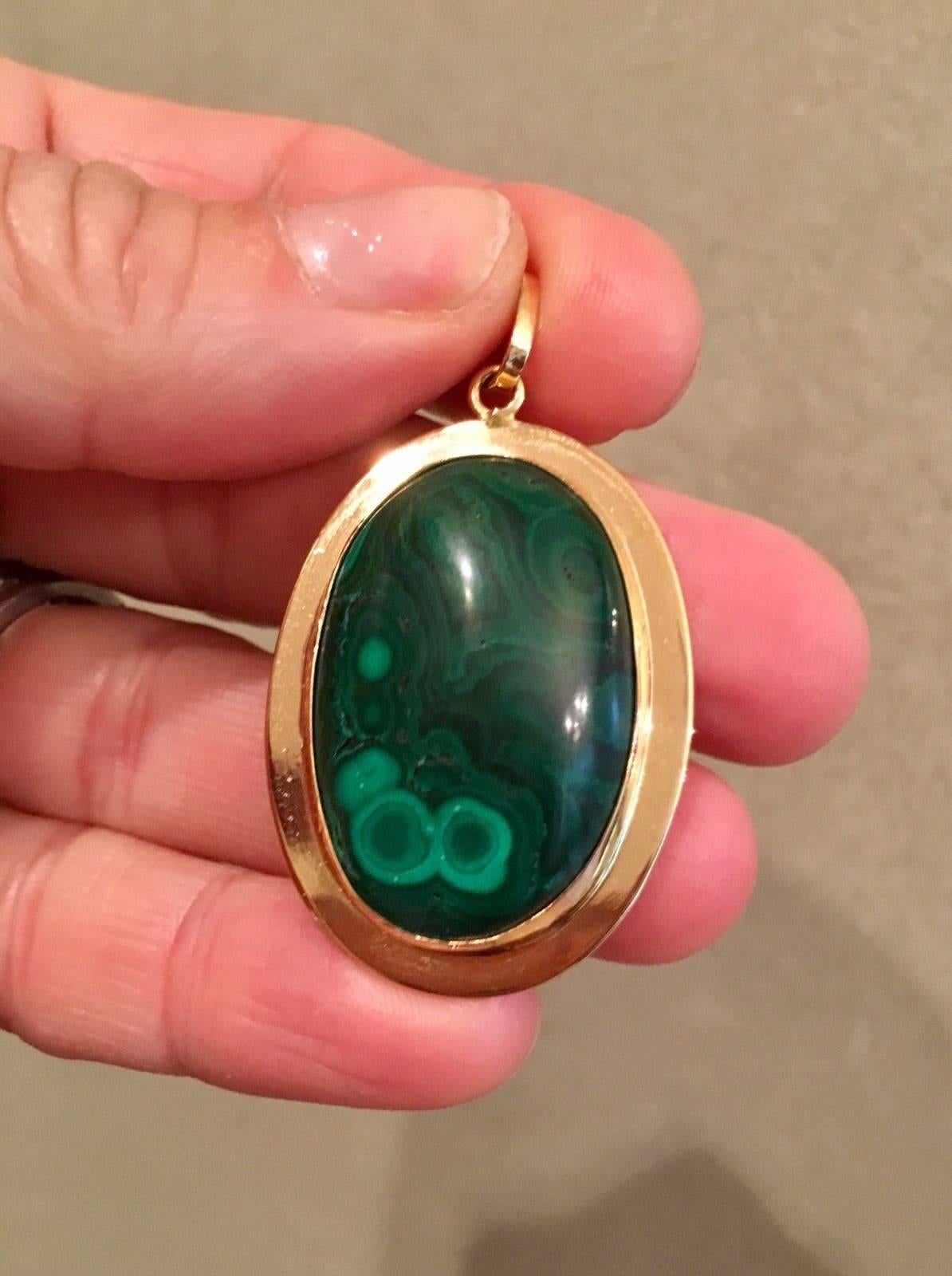 Stunning Vintage Estate Russian 20K Yellow Gold Malachite Pendant for Necklace.  Chic pendant to wear on a gold chain for color against whites, pinks, purples! Pendant measures approximately 2" tall x 1 1/4" wide and weighs 13 grams.