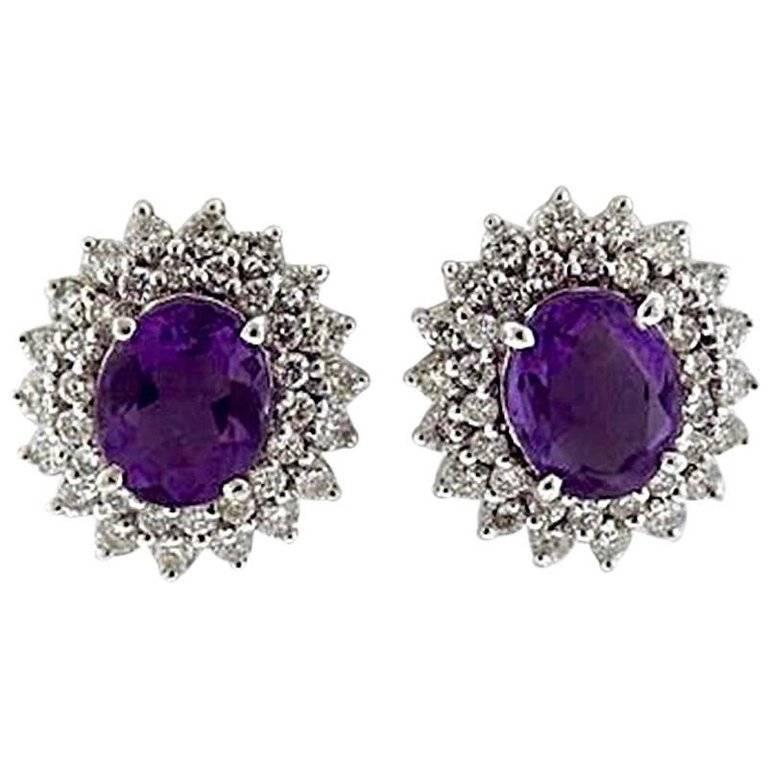 Stunning Estate 4.80 Carat Diamond Halo and Amethyst Pierced Stud Earrings