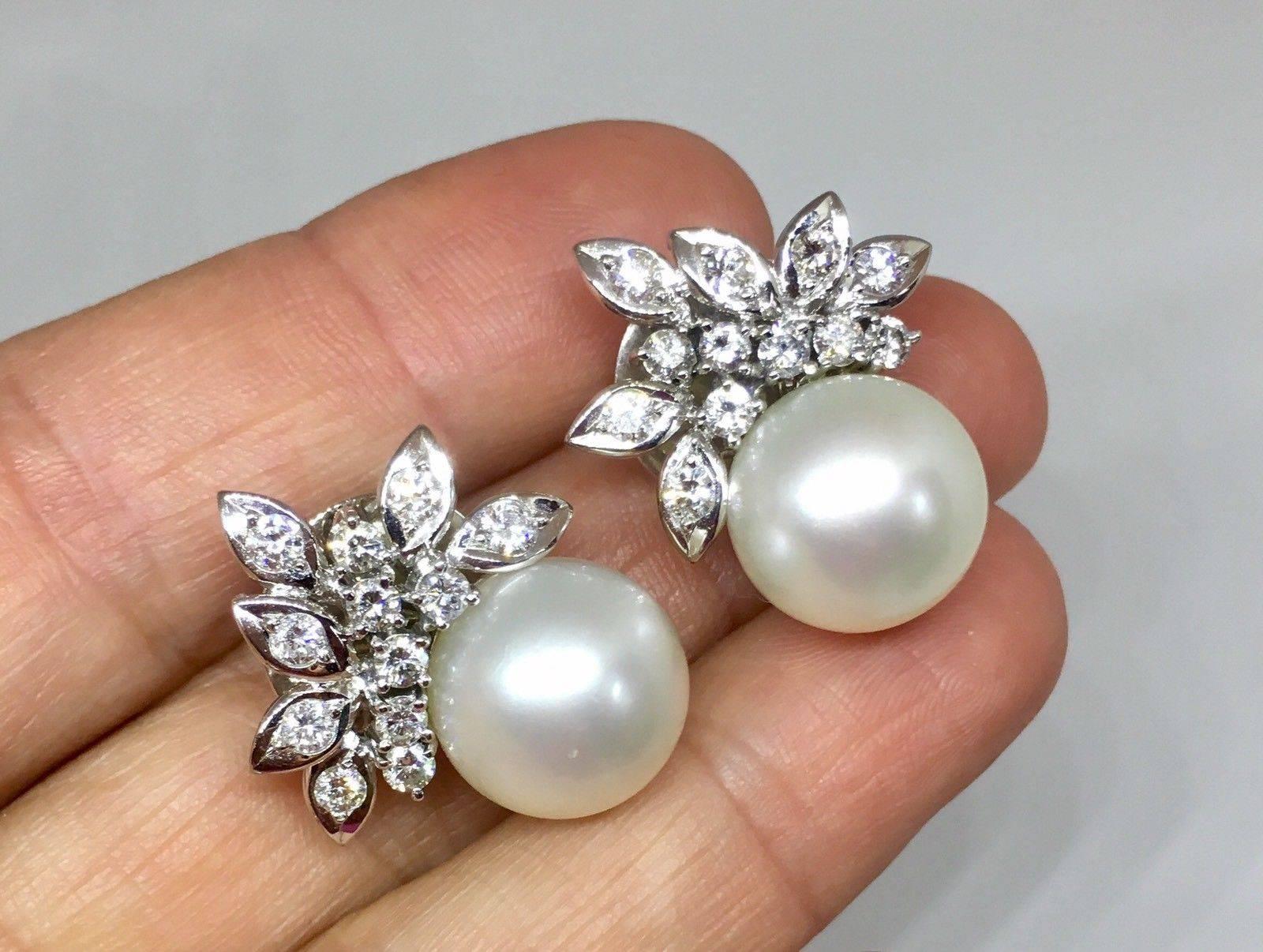 1950s South Seas Pearl 1.50 Carat VS Diamond Cluster Pierced Earrings 2