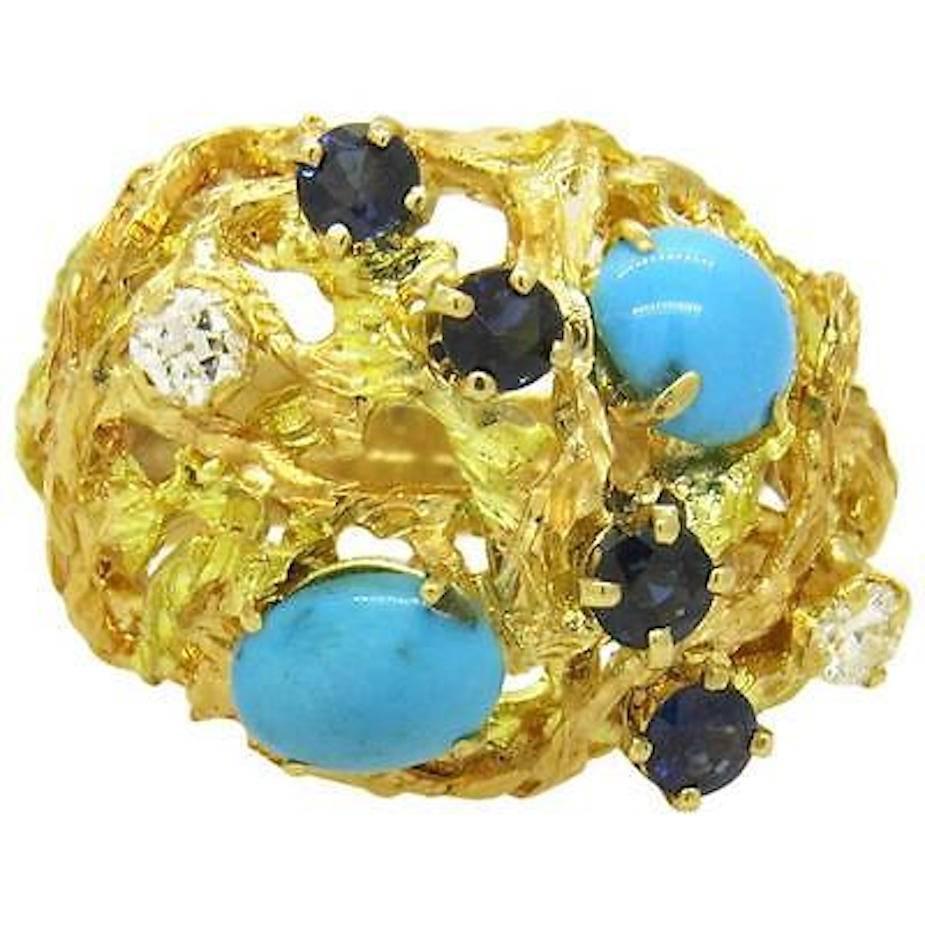 1970s Free-Form Design Gold Turquoise Sapphire Diamond Cocktail Ring For Sale