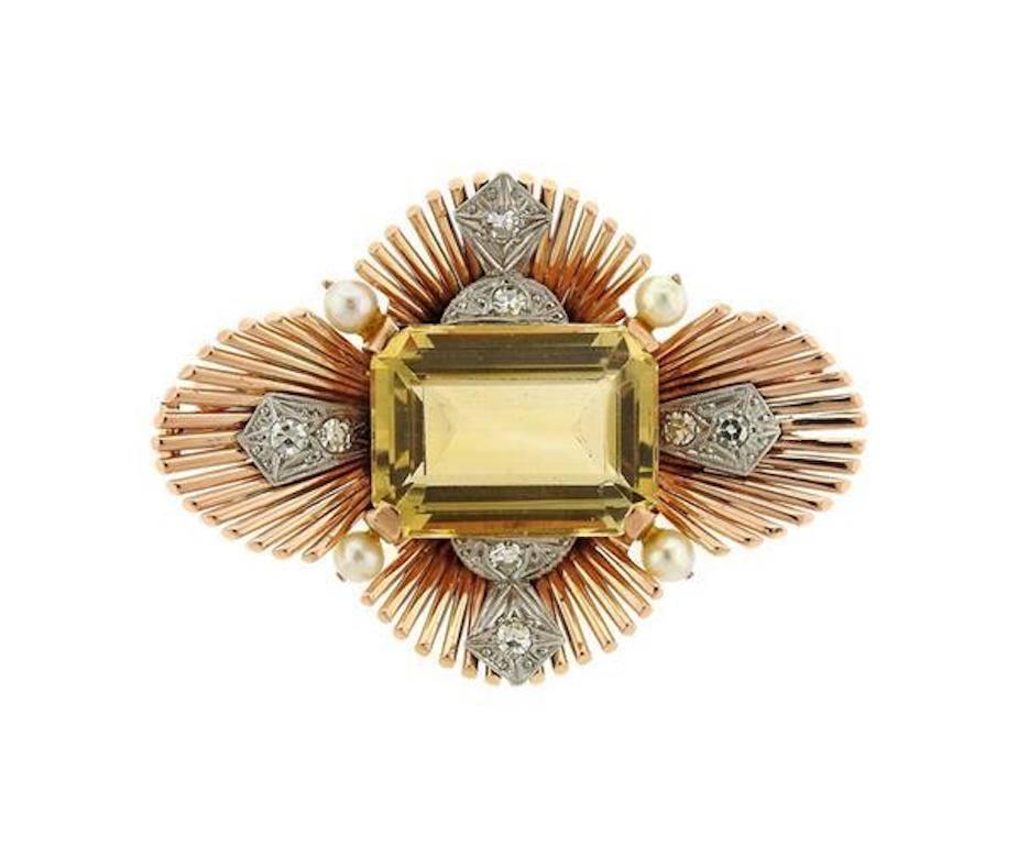 Impressive Raymond Yard French 14k Gold Yellow, Platinum 950 and Diamond Cultured Pearl Citrine Leaf Brooch / Pendant / Pin from the 1940s.
This is a high quality pin from the famed designer also has a pendant piece that can accommodate a