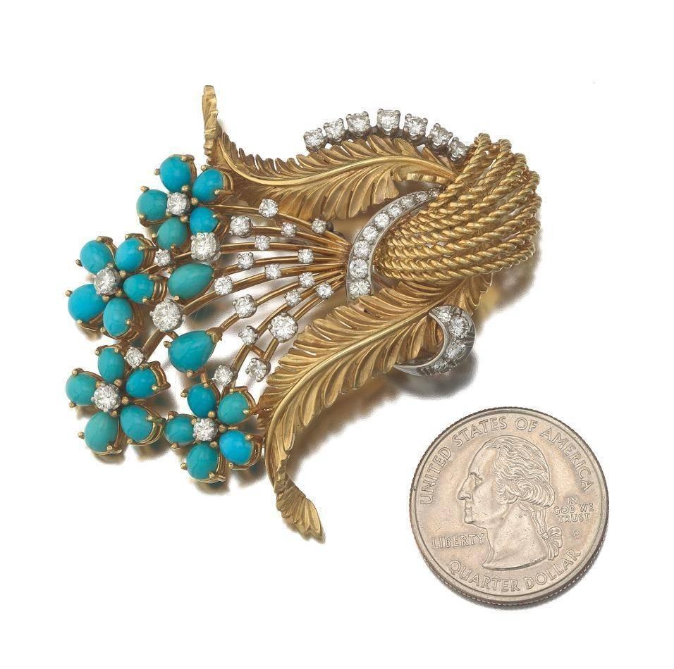 Impressive large French 18k gold bouquet brooch/pin/pendant set with turquoise cabochons and 2.0 carats of G-H/VS diamonds, c.1940s.
