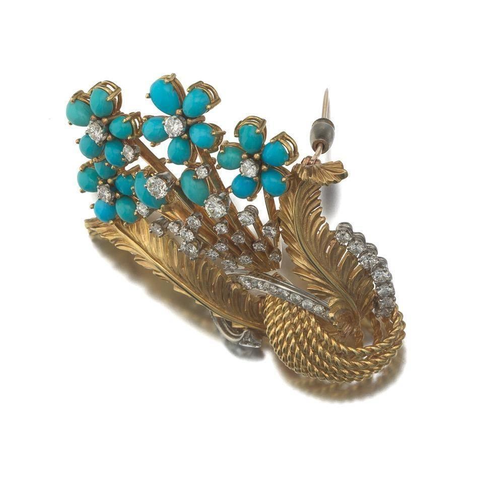 Retro 1940s Large French Turquoise Diamond Gold Bouquet Pin Brooch Pendant