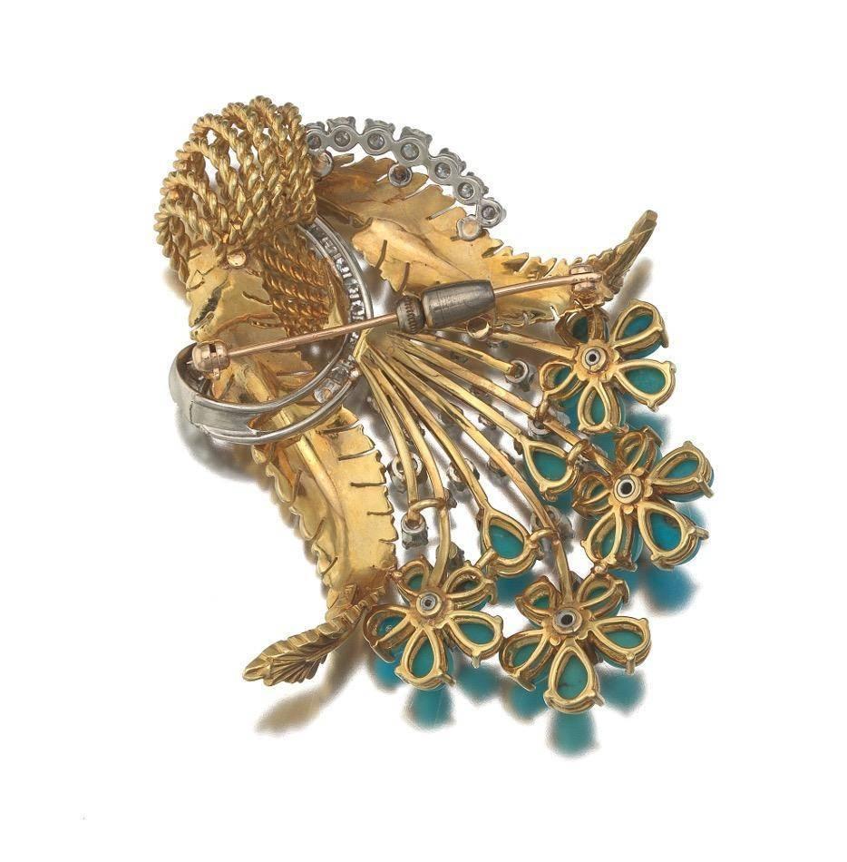 1940s Large French Turquoise Diamond Gold Bouquet Pin Brooch Pendant In Excellent Condition In Shaker Heights, OH