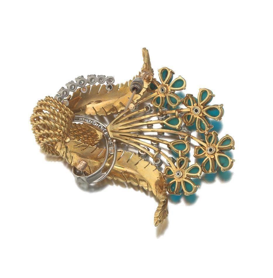 Women's 1940s Large French Turquoise Diamond Gold Bouquet Pin Brooch Pendant