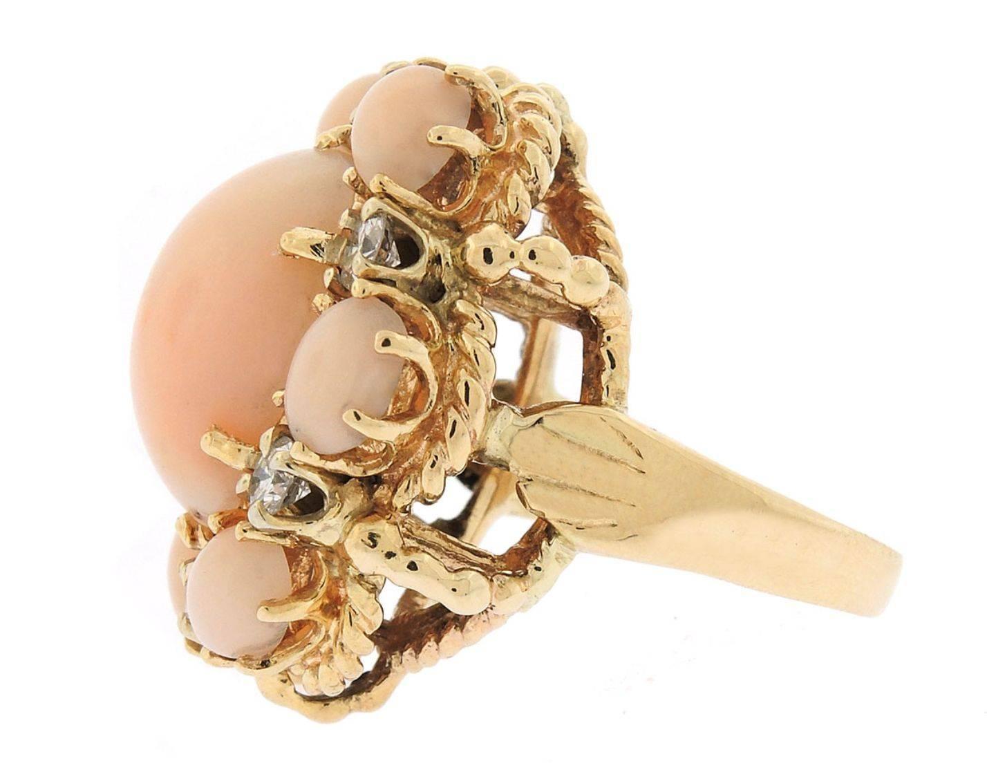 Modern Stunning 1970s Angel Skin Coral Diamond Gold Cocktail Ring