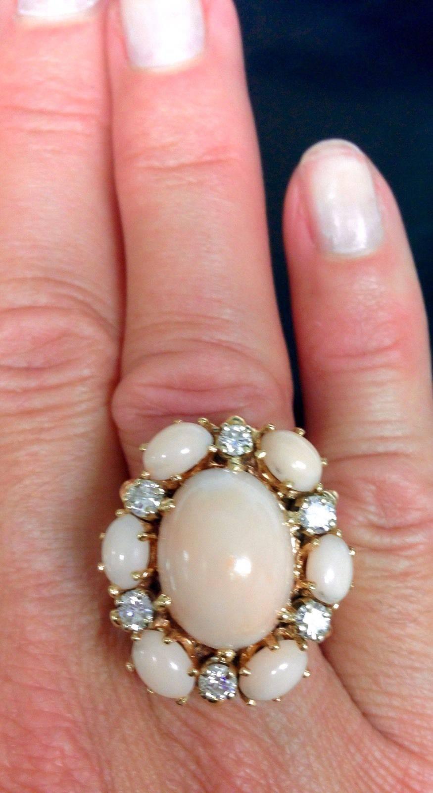 Stunning 1970s Angel Skin Coral Diamond Gold Cocktail Ring In Excellent Condition In Shaker Heights, OH