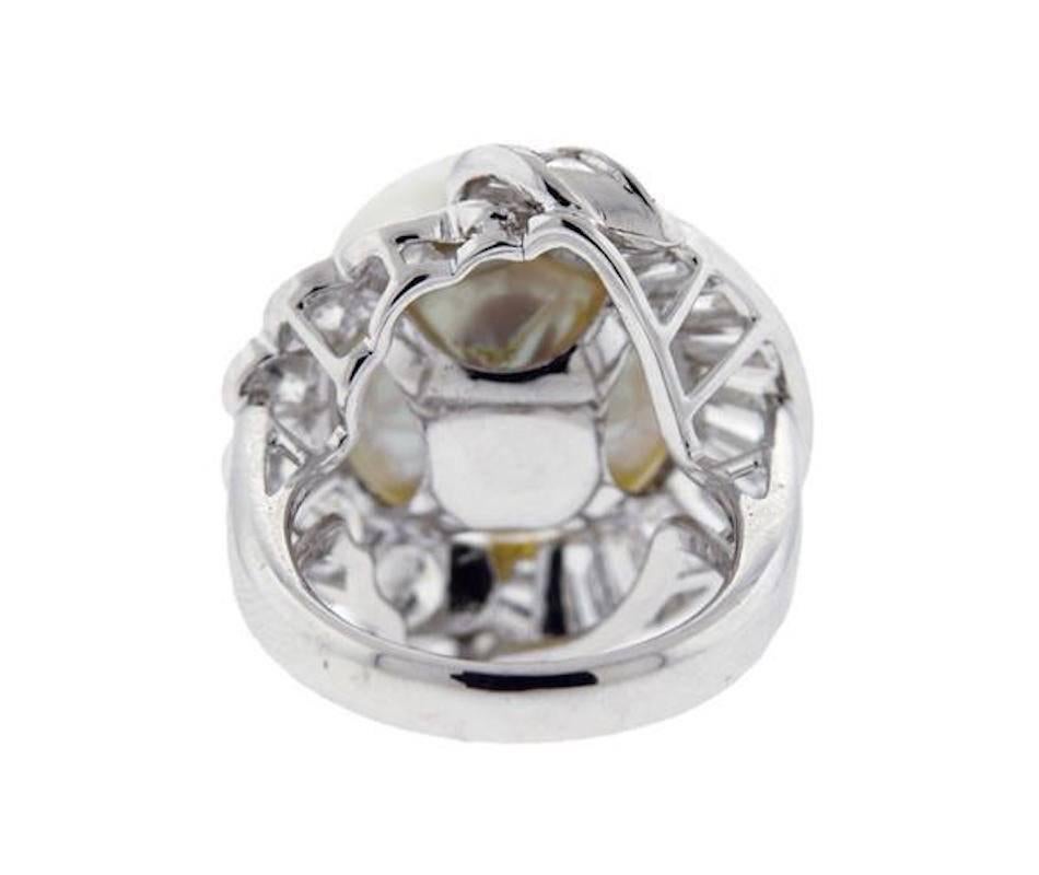 Baguette Cut Stunning South Sea Pearl Diamond Gold Cocktail Ring For Sale