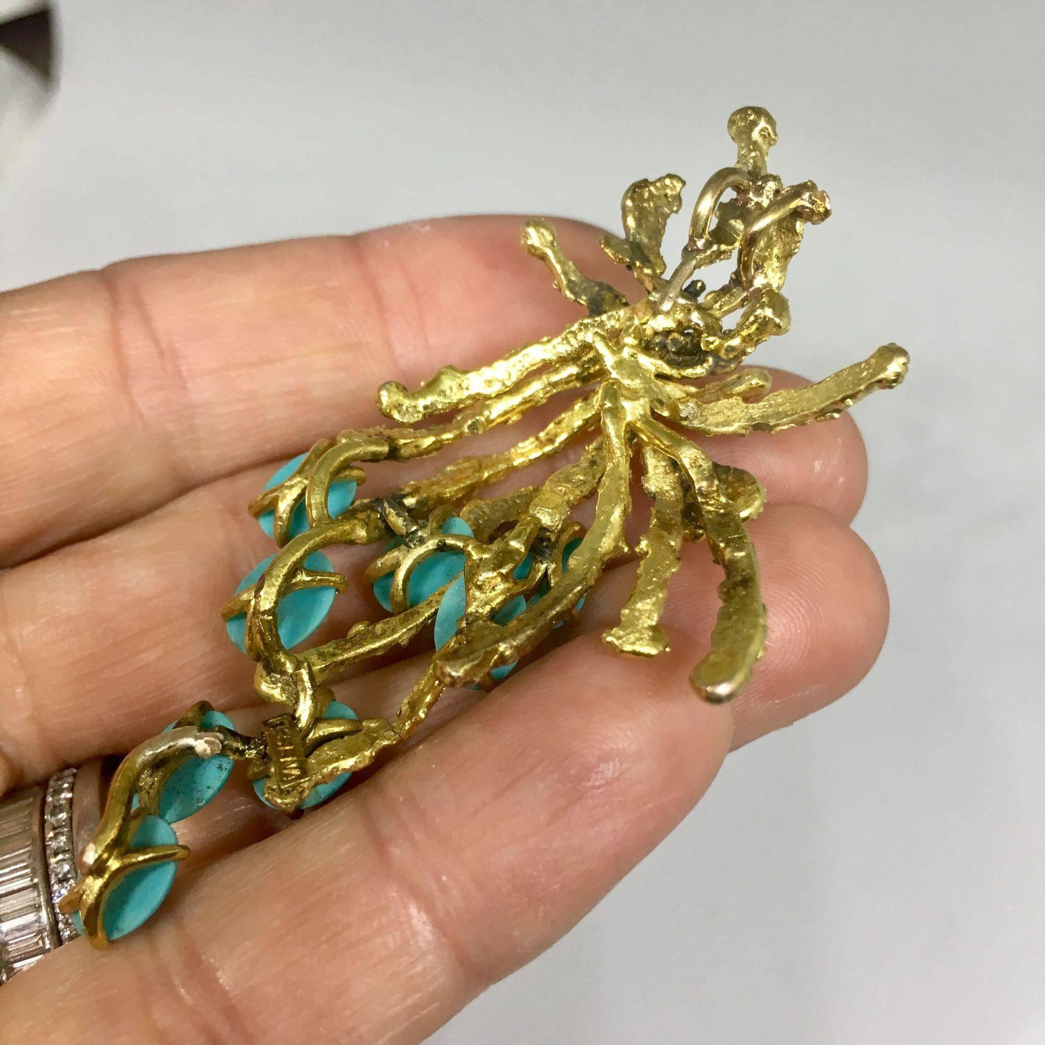 Beautiful 1960s Textured Turquoise Cabochon Gold Spray Pendant for Necklace In Excellent Condition For Sale In Shaker Heights, OH