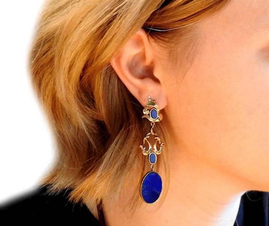 Women's or Men's 1970s Lapis Lazuli Gold Dangle Earrings