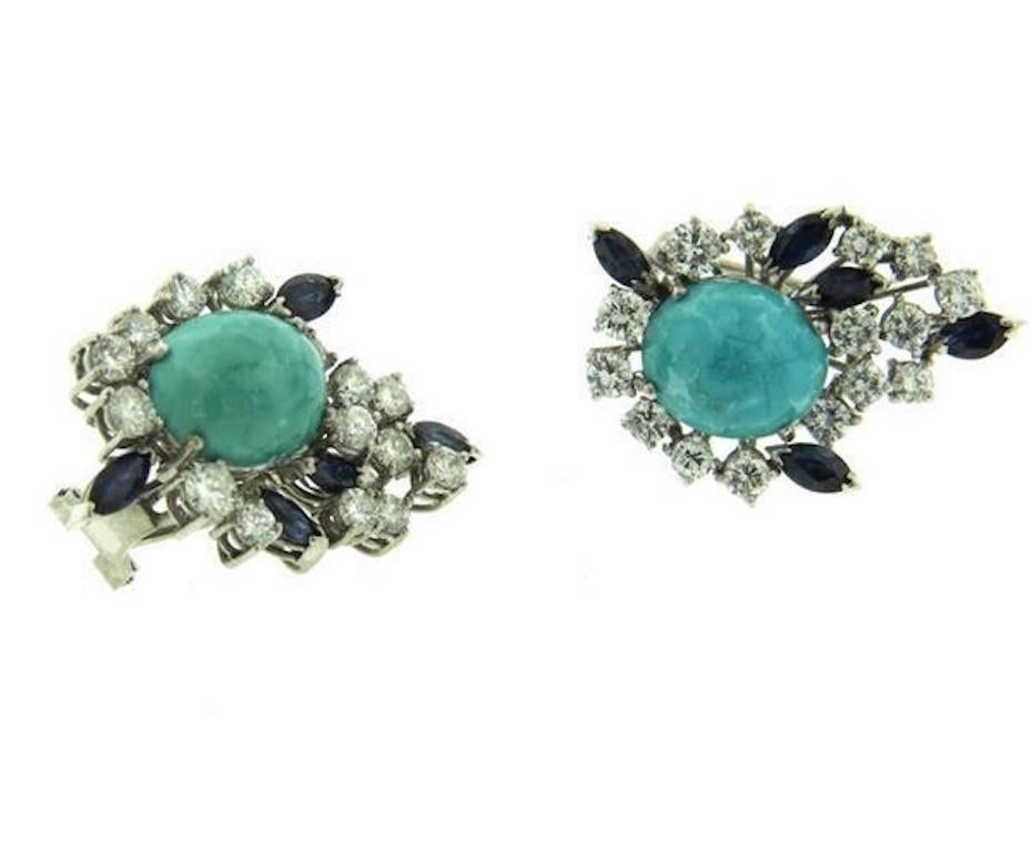 Impressive Diamond Turquoise Sapphire Earrings In Excellent Condition For Sale In Shaker Heights, OH