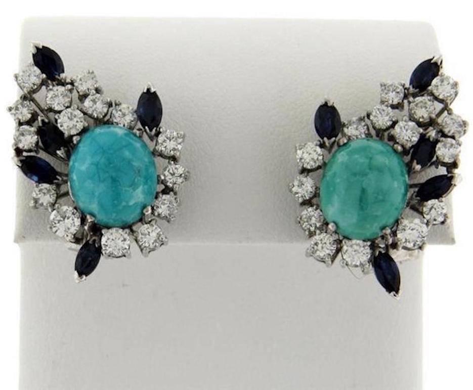 Impressive Diamond Turquoise Sapphire Earrings For Sale 1