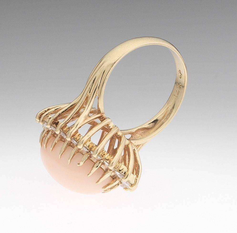 Women's  Large Angel Skin Coral  Diamond Gold Cocktail Ring For Sale