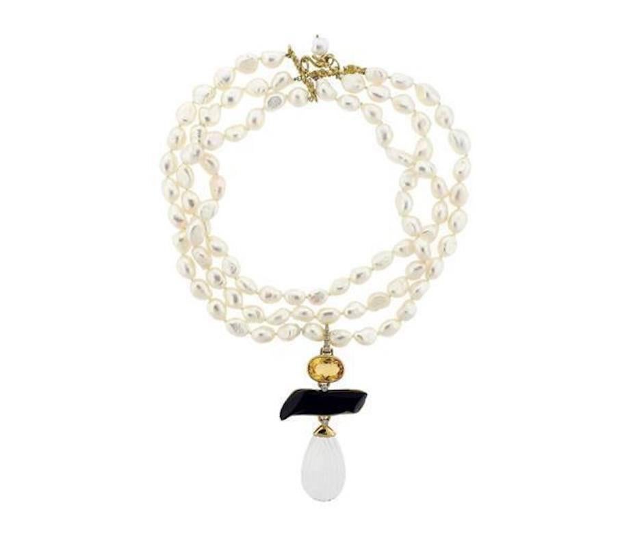 Impressive Signed Rare Andrew Clunn Designer Triple Strand Cultured Pearl Necklace, with Diamonds, Citrine, Black Coral and Crystal.  The enhancer pendant measures 80mm X 44mm, with average pearl size 11mm X 8mm. The shortest of 3 strands 15 1/2