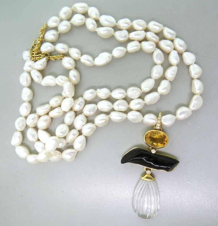 Andrew Clunn Triple Strand Pearl Necklace Citrine Diamond Gold Enhancer In Excellent Condition For Sale In Shaker Heights, OH