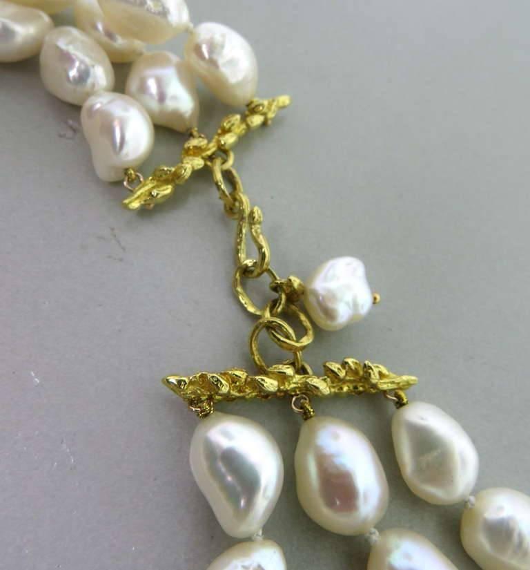 Women's Andrew Clunn Triple Strand Pearl Necklace Citrine Diamond Gold Enhancer For Sale