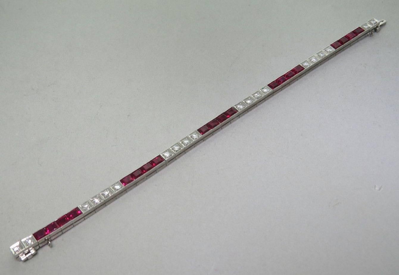 Retro 1950s Synthetic Ruby Diamond Gold Line Tennis Bracelet