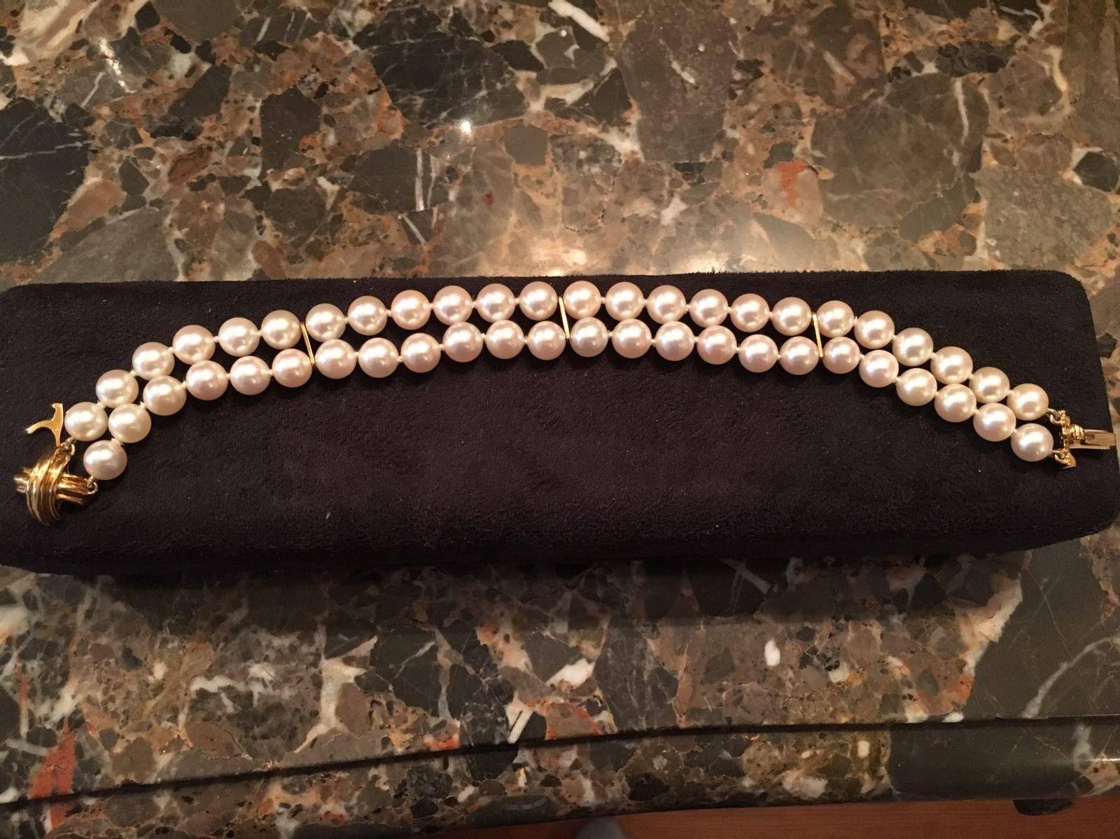 Tiffany & Co. Signature X Double Strand Cultured Pearl Yellow Gold Bracelet 2