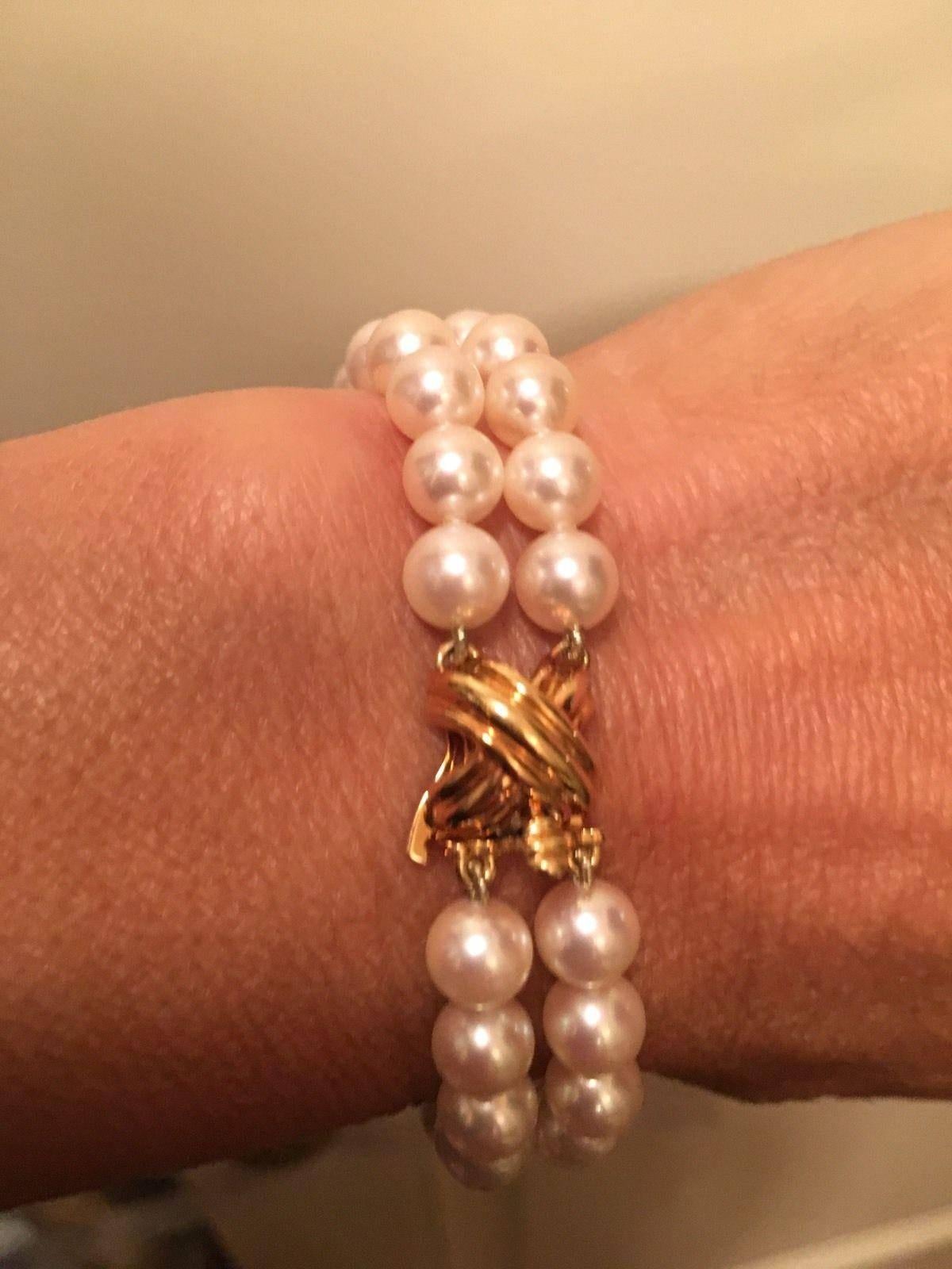 Tiffany & Co. Signature X Double Strand Cultured Pearl Yellow Gold Bracelet 4