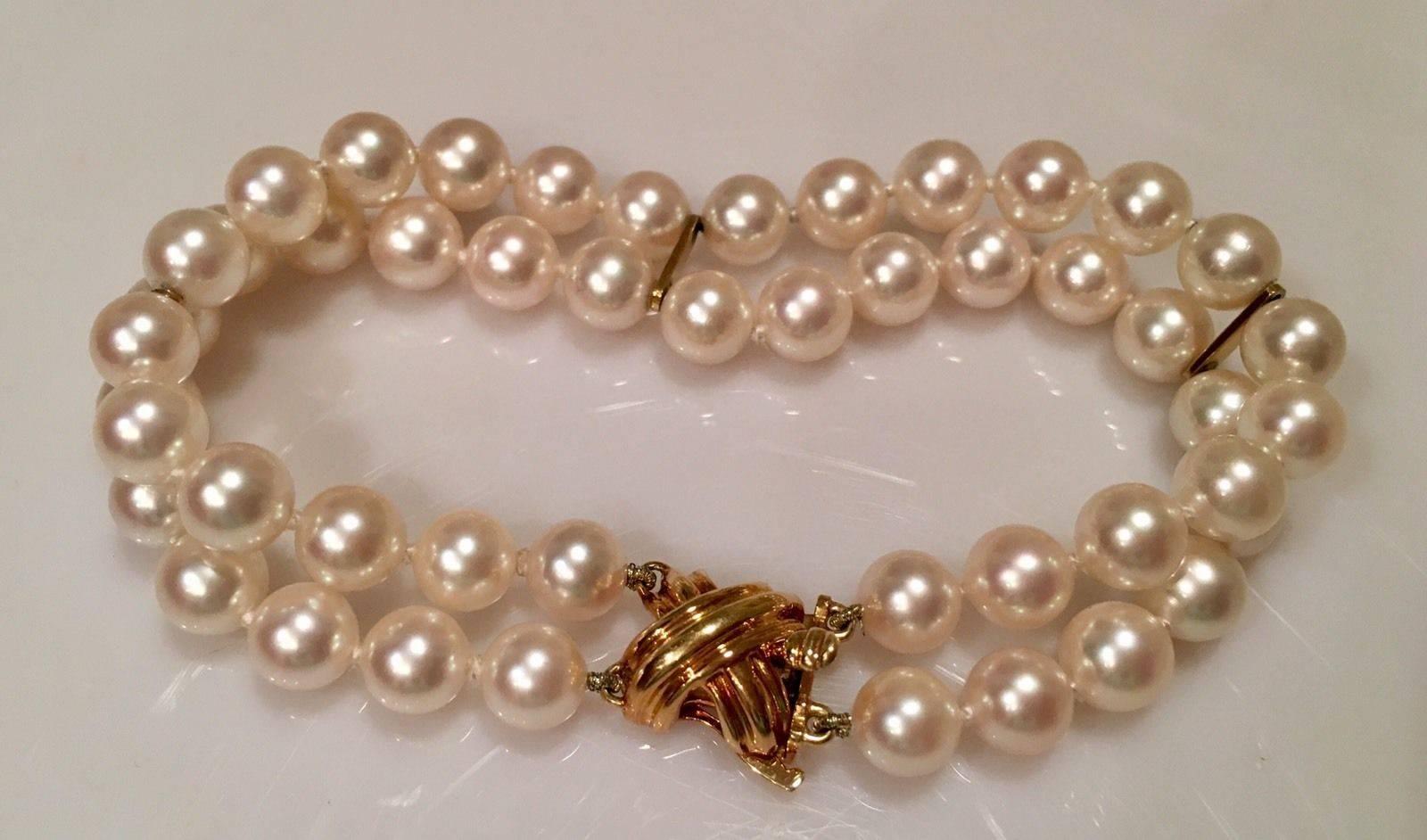 Tiffany & Co. Signature X Double Strand Cultured Pearl Yellow Gold Bracelet In Excellent Condition In Shaker Heights, OH