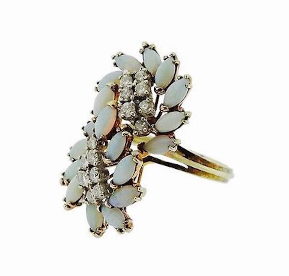 Beautiful 1970s Vintage Estate Mid Century Retro Opal and Diamond 14k Gold Large Cocktail Statement Ring.  Approximately 0.40 Carats of brilliant cut diamonds.  The ring top is a generous 32mm x18mm.  The ring is a size 9 and can be easily resized. 