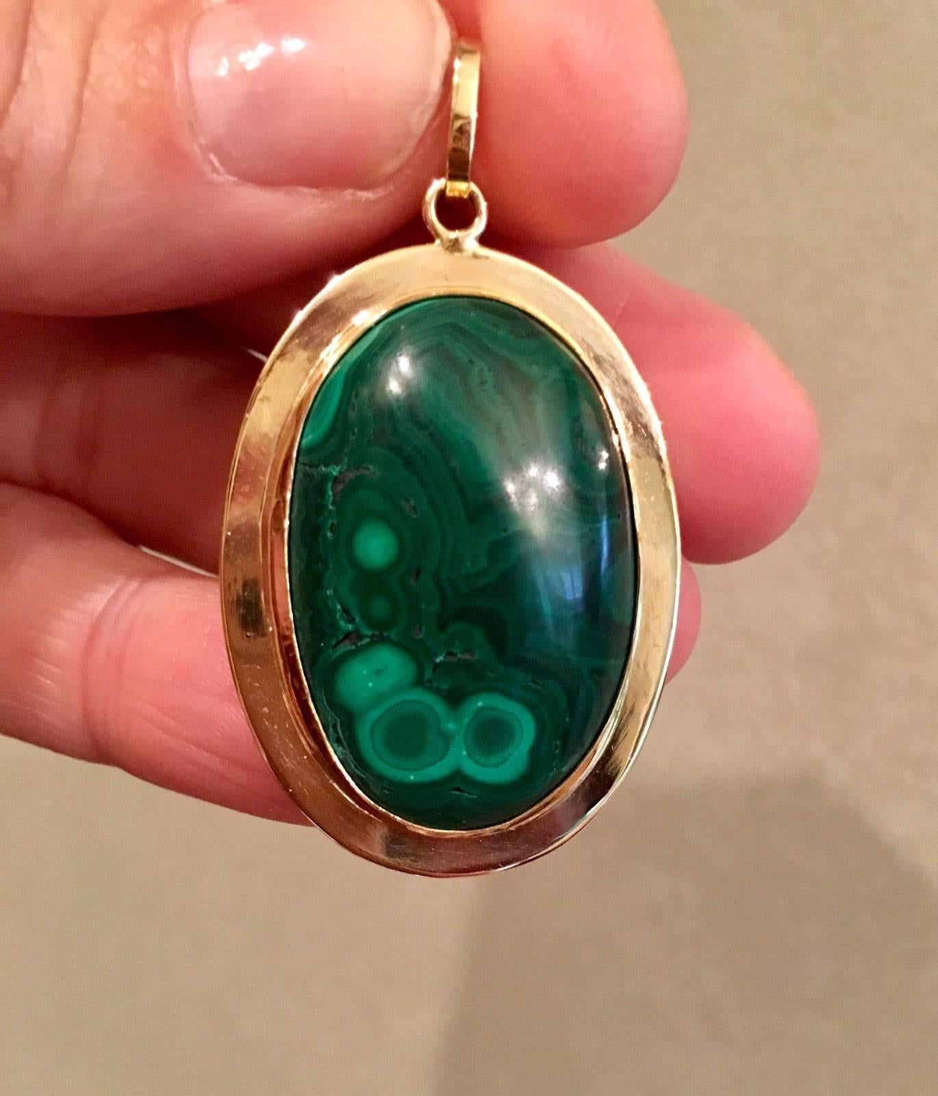 Large 20 Karat Yellow Gold Russian Oval Malachite Pendant for Necklace In Excellent Condition In Shaker Heights, OH