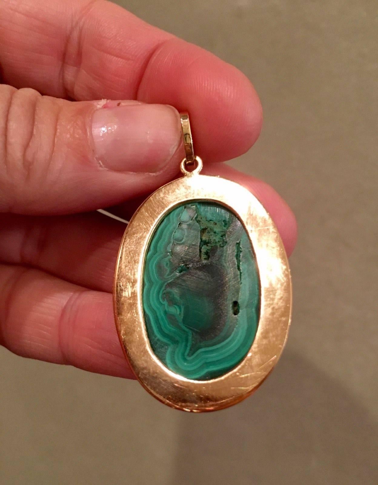 Large 20 Karat Yellow Gold Russian Oval Malachite Pendant for Necklace 3