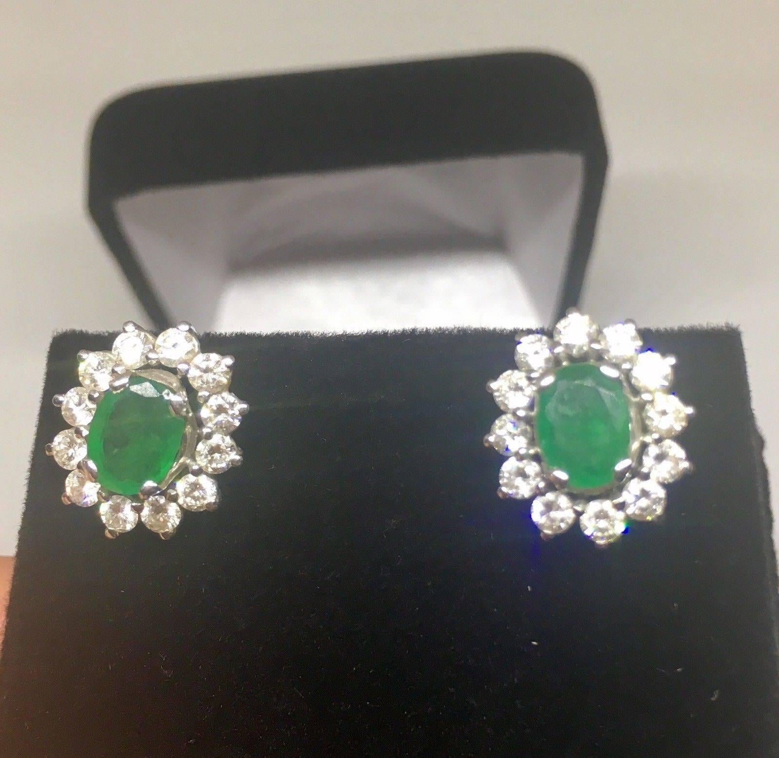 Stunning 1950s Diamond Emerald Stud Earrings In Excellent Condition In Shaker Heights, OH