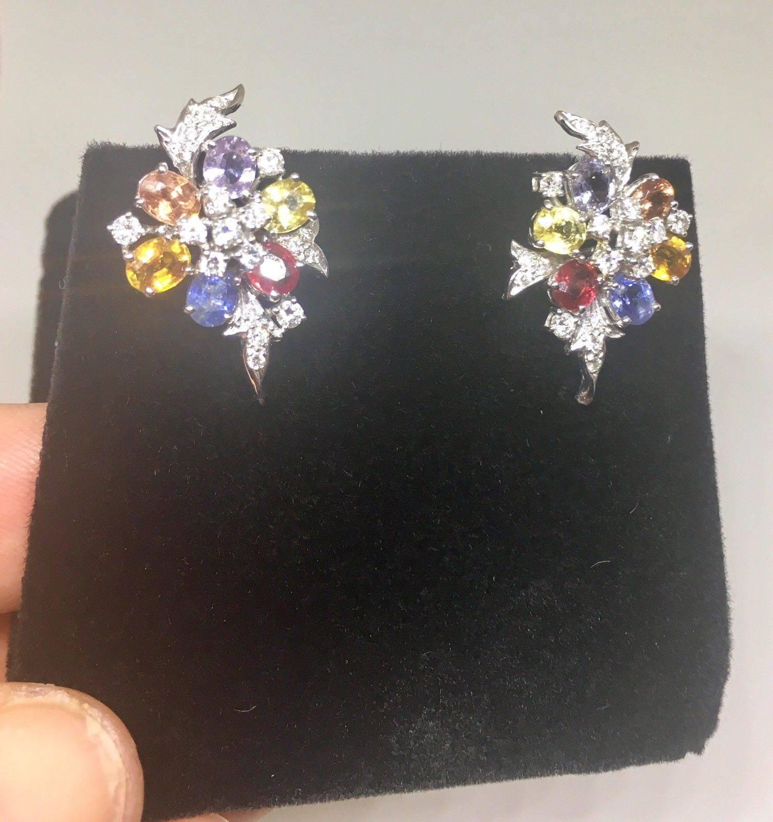 1950s Diamond Gemstone Cluster Pierced Earrings 1