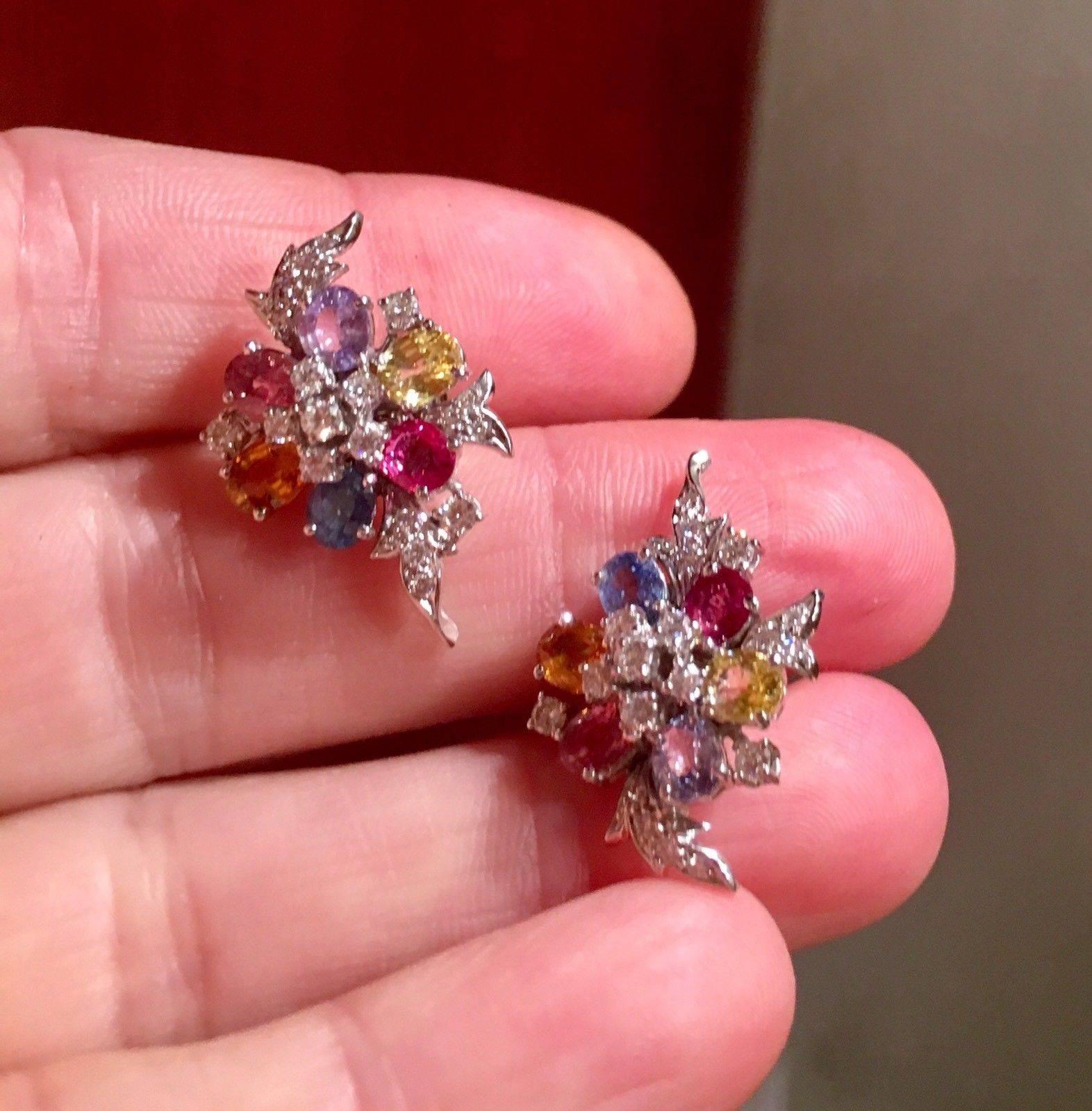 1950s Diamond Gemstone Cluster Pierced Earrings 2