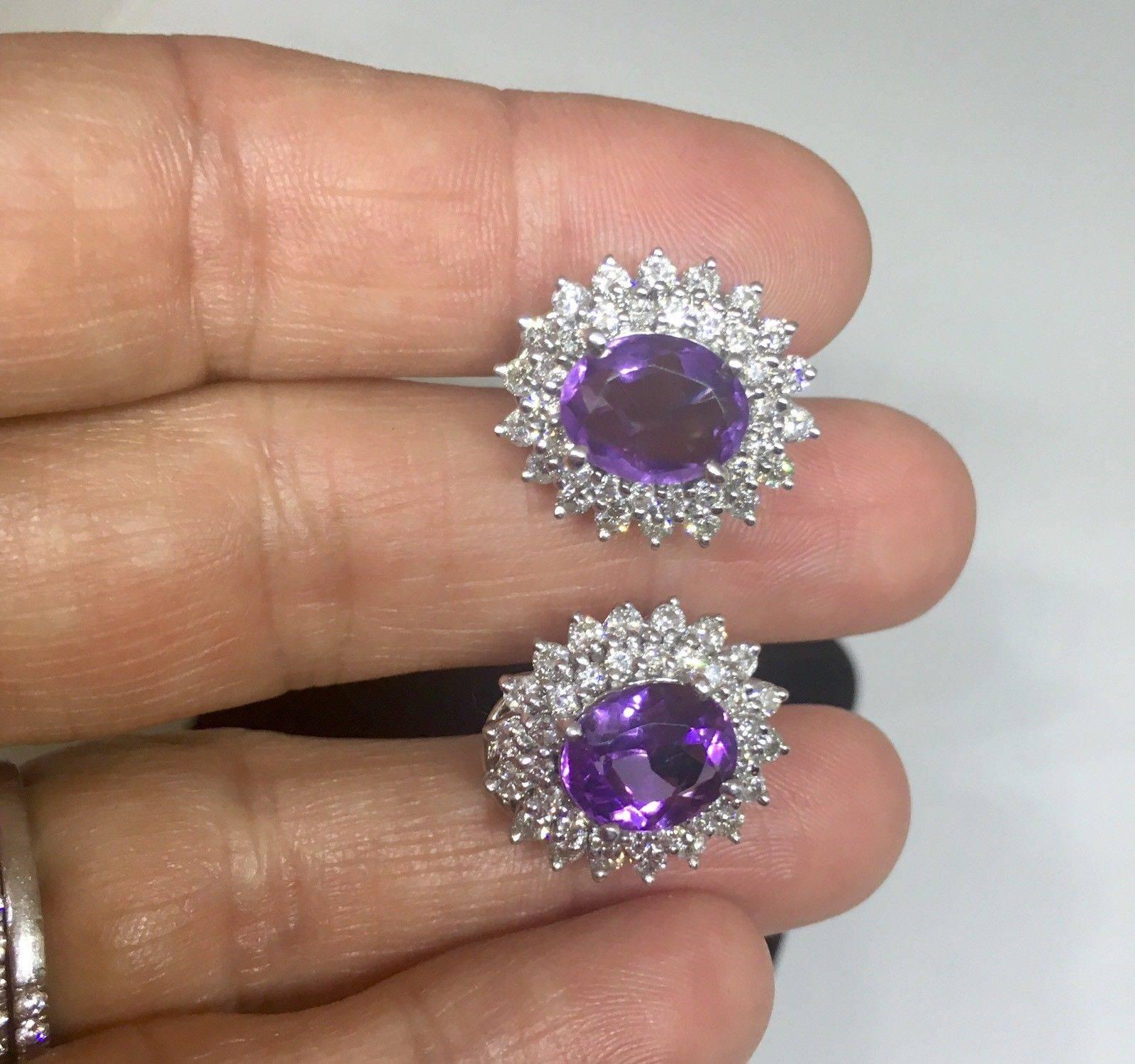 Stunning Estate 4.80 Carat Diamond Halo and Amethyst Pierced Stud Earrings 1