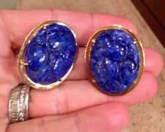 Large 1980s Gold Carved Lapis Lazuli Pierced Earrings