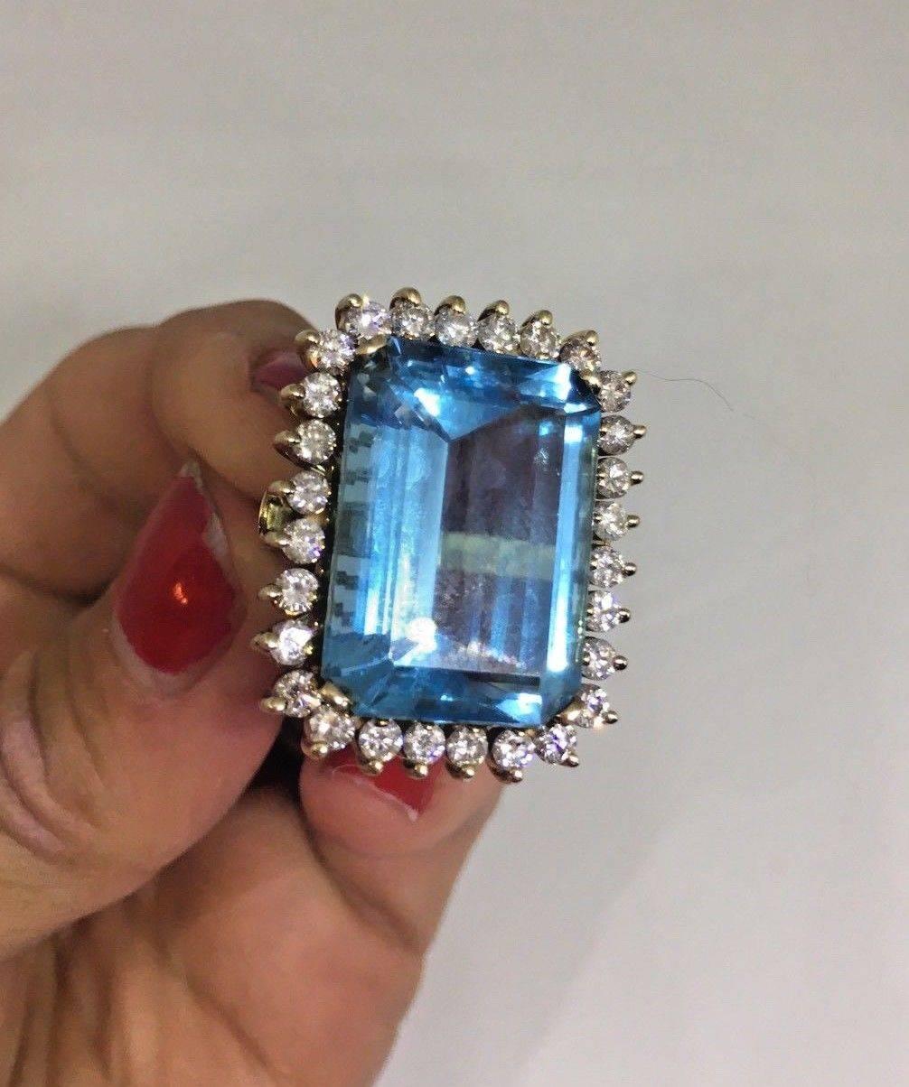 Large 33 Carat Blue Topaz Diamond Cocktail Ring In Excellent Condition In Shaker Heights, OH