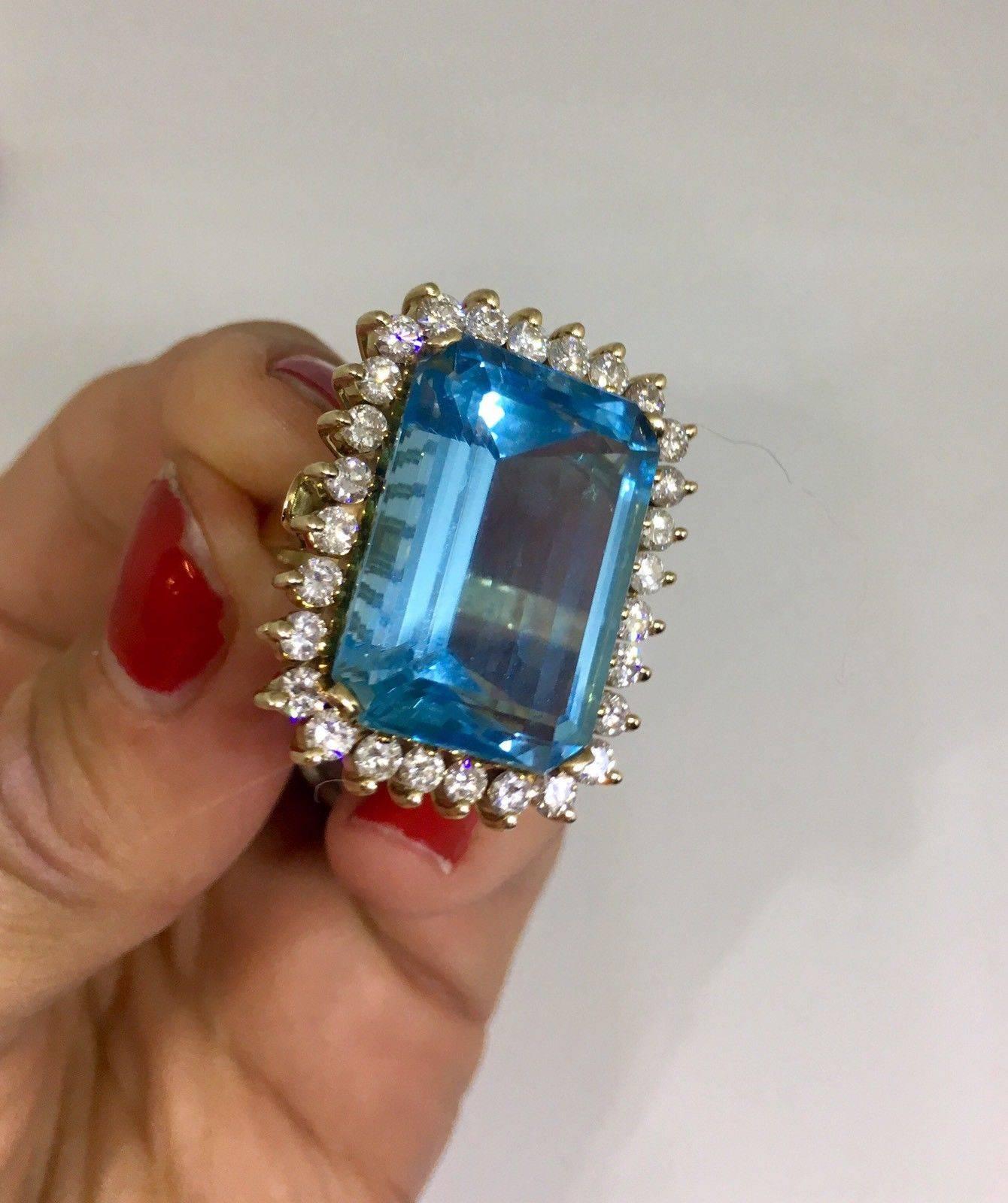 Women's Large 33 Carat Blue Topaz Diamond Cocktail Ring