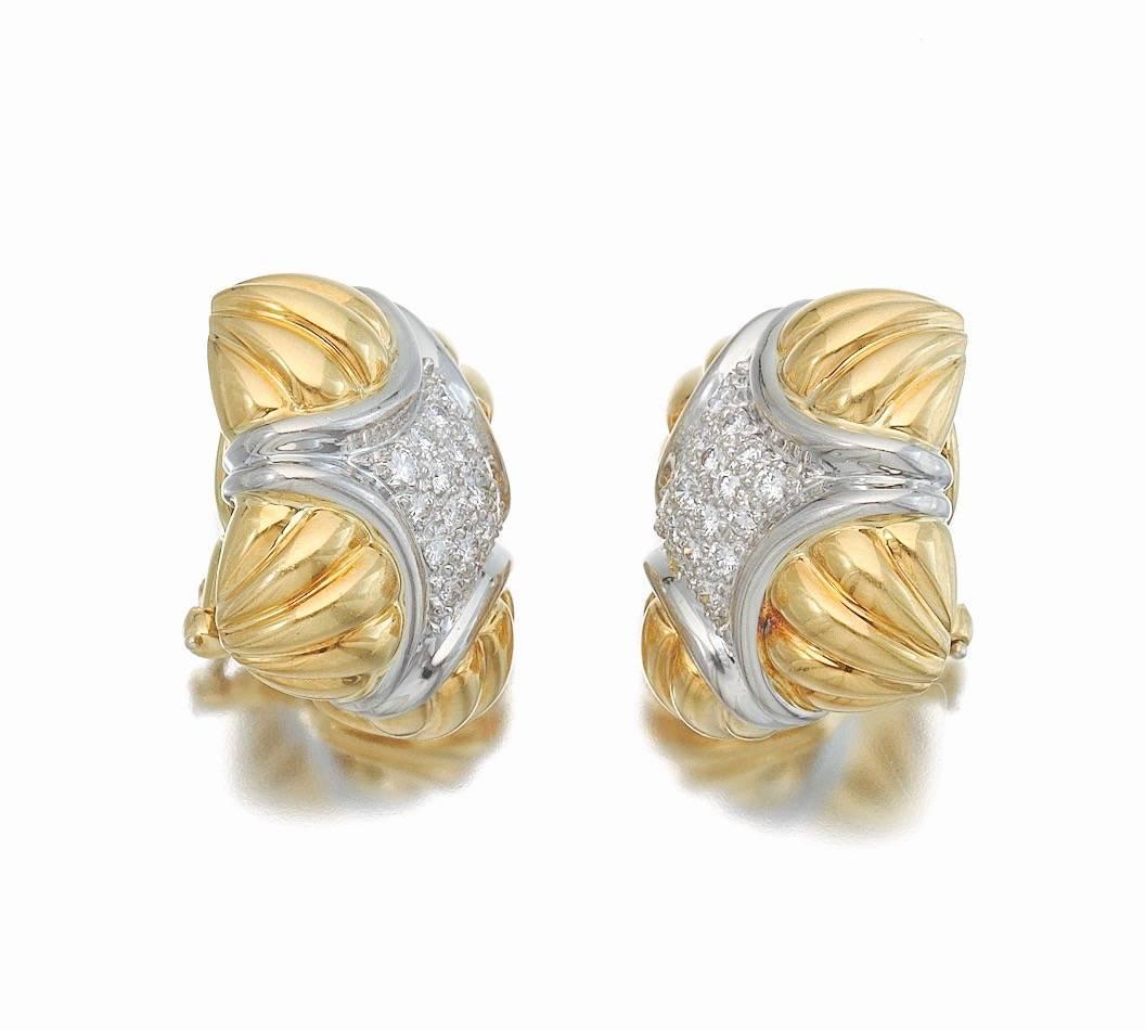Modern Hammerman Brothers Diamond Gold Pierced Earclips For Sale