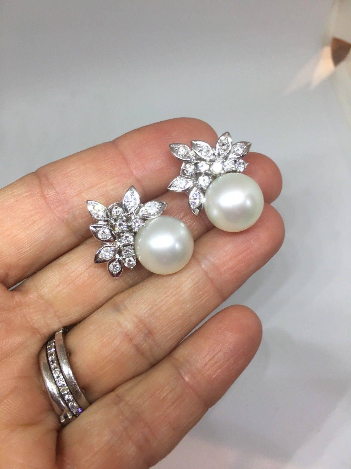 1950s South Seas Pearl 1.50 Carat VS Diamond Cluster Pierced Earrings In Excellent Condition In Shaker Heights, OH
