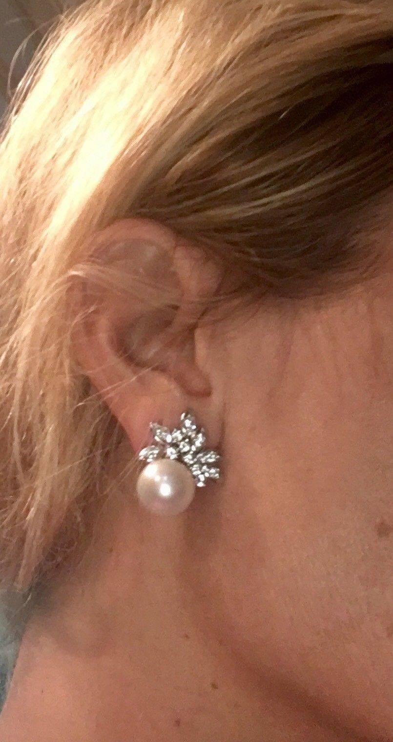 1950s South Seas Pearl 1.50 Carat VS Diamond Cluster Pierced Earrings 3