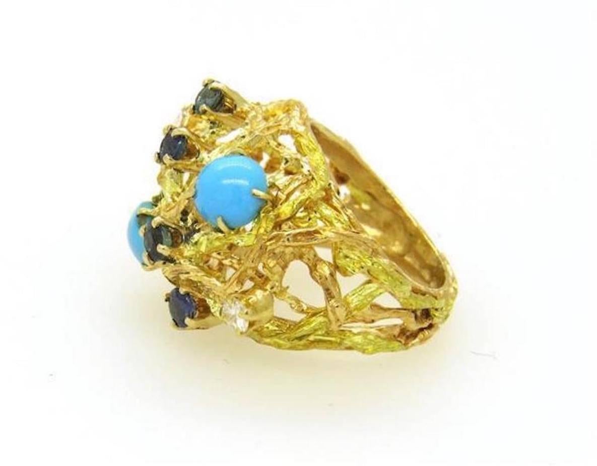 1970s Free-Form Design Gold Turquoise Sapphire Diamond Cocktail Ring In Excellent Condition For Sale In Shaker Heights, OH
