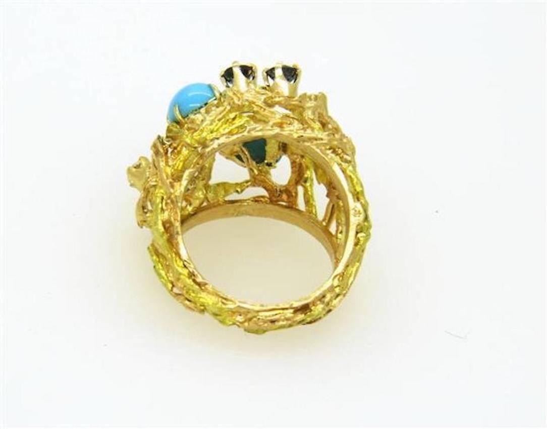 Women's 1970s Free-Form Design Gold Turquoise Sapphire Diamond Cocktail Ring For Sale