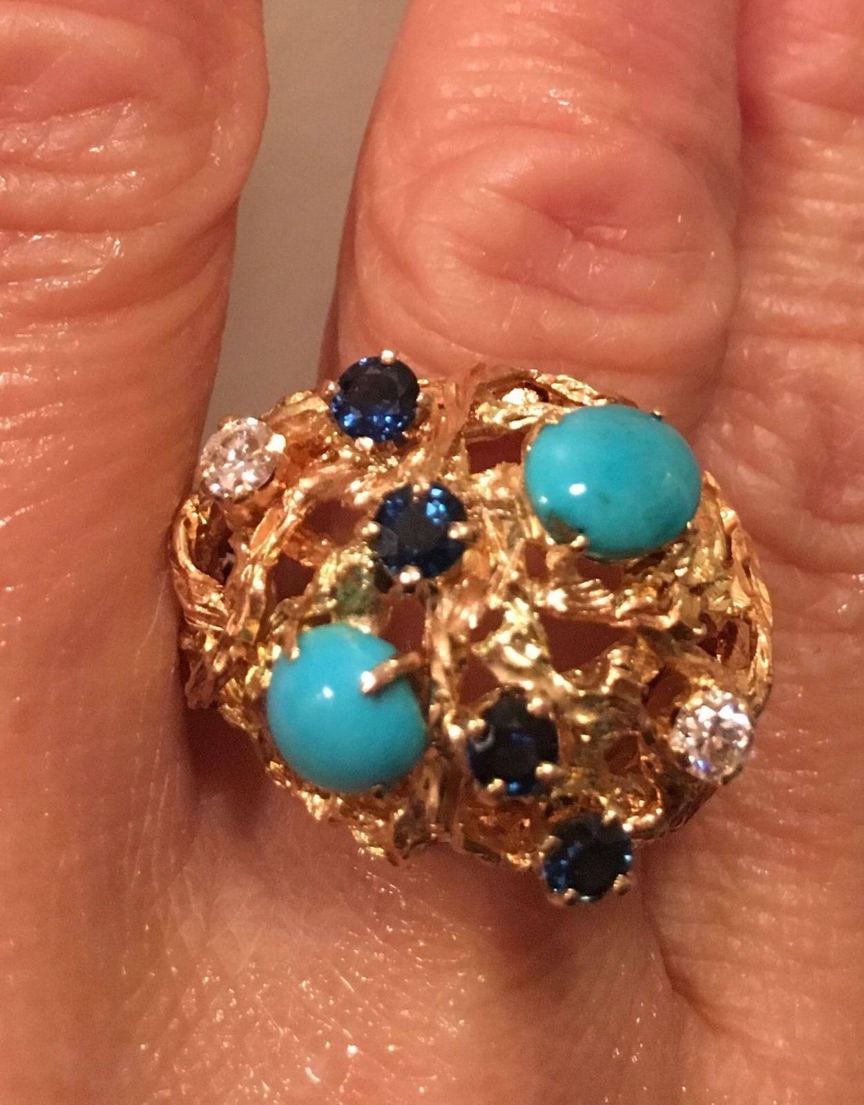 1970s Free-Form Design Gold Turquoise Sapphire Diamond Cocktail Ring For Sale 2