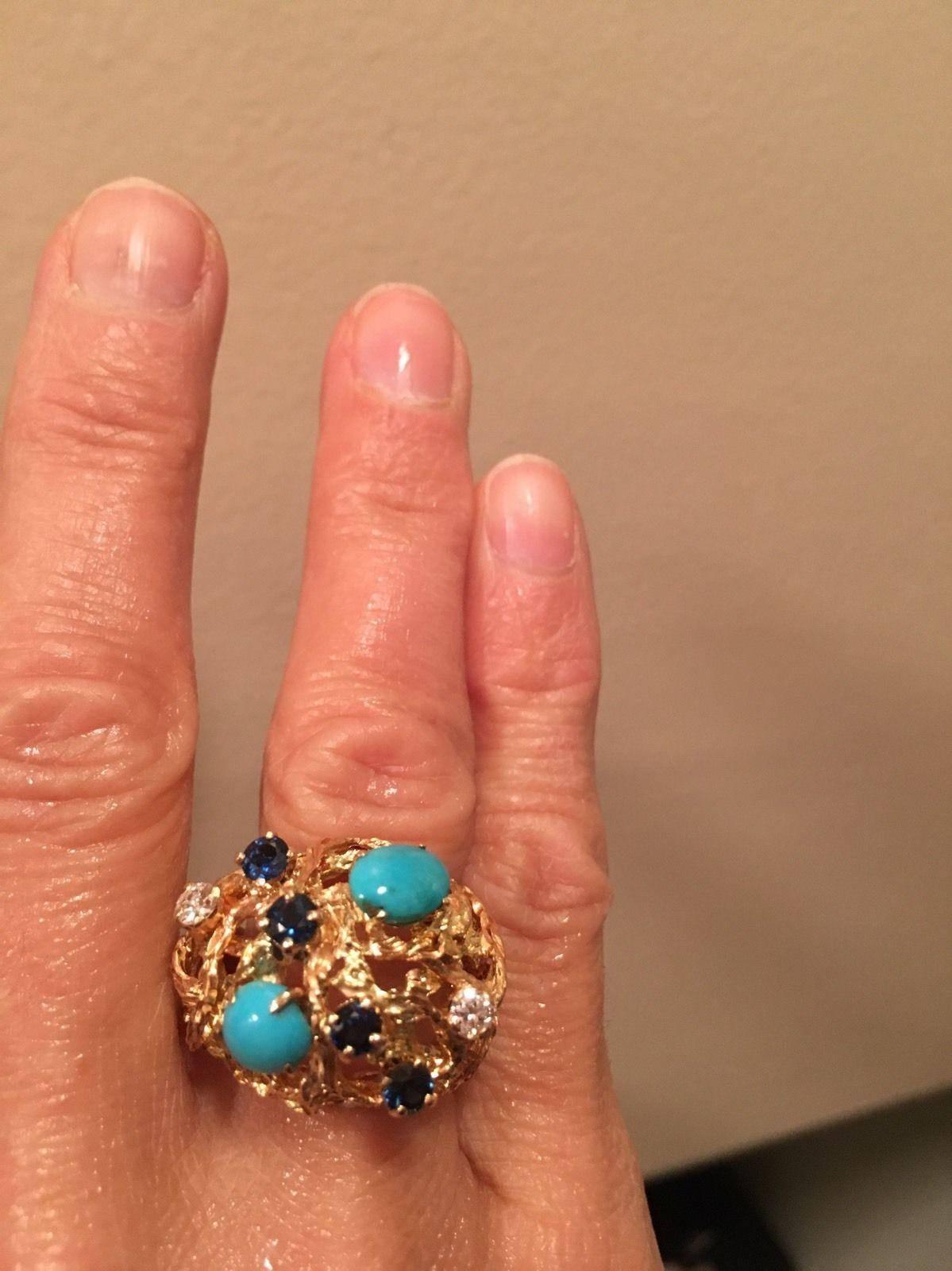 1970s Free-Form Design Gold Turquoise Sapphire Diamond Cocktail Ring For Sale 1