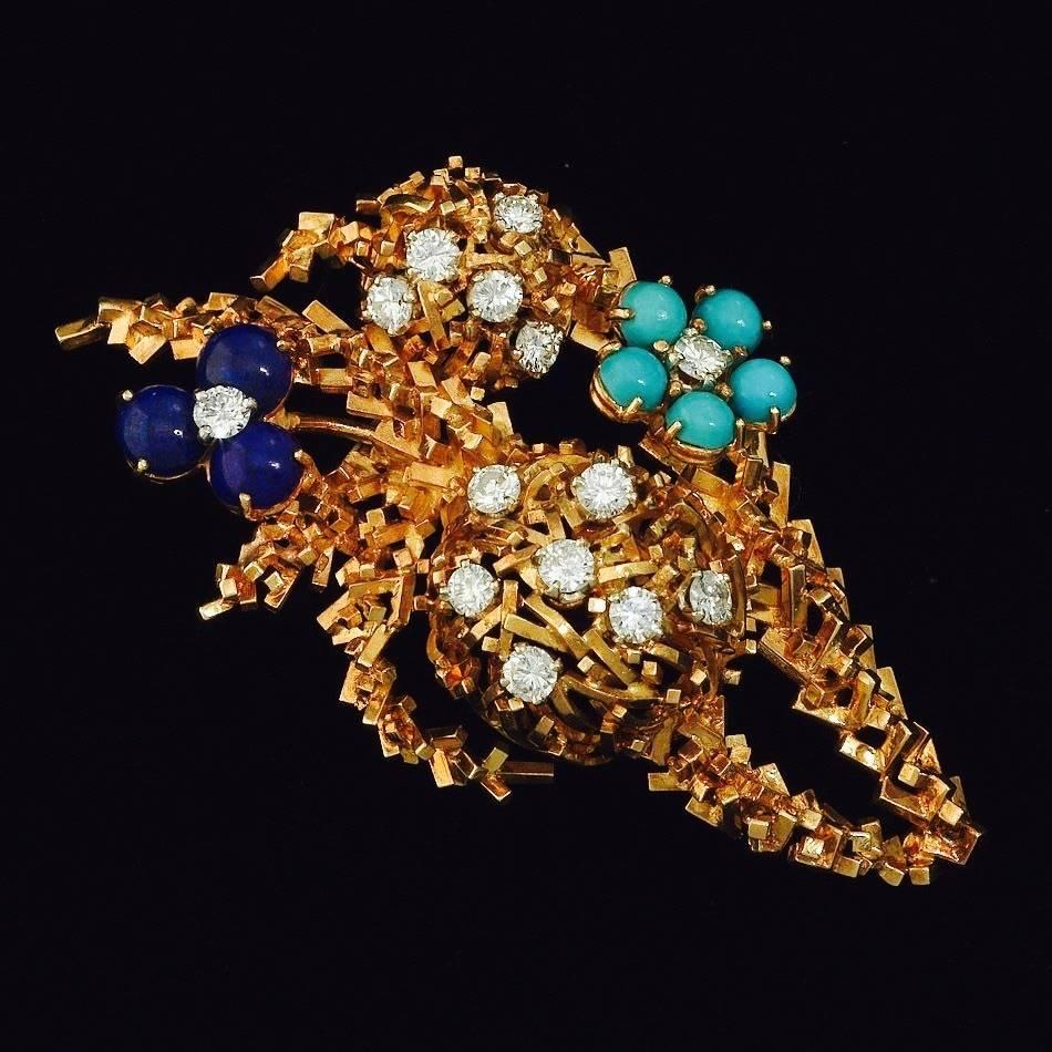 French 1960s 18k Gold Lapis Turquoise Diamond Brooch Pendant for Necklace 2