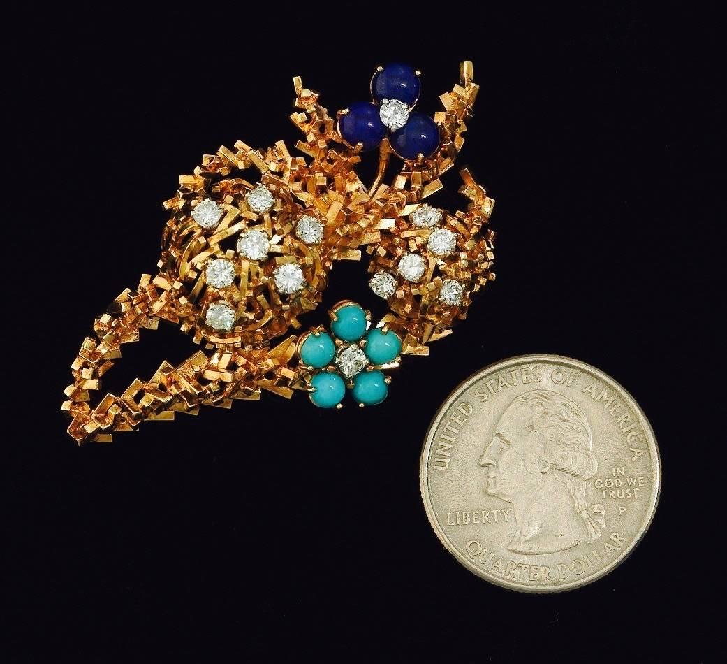 Retro French 1960s 18k Gold Lapis Turquoise Diamond Brooch Pendant for Necklace