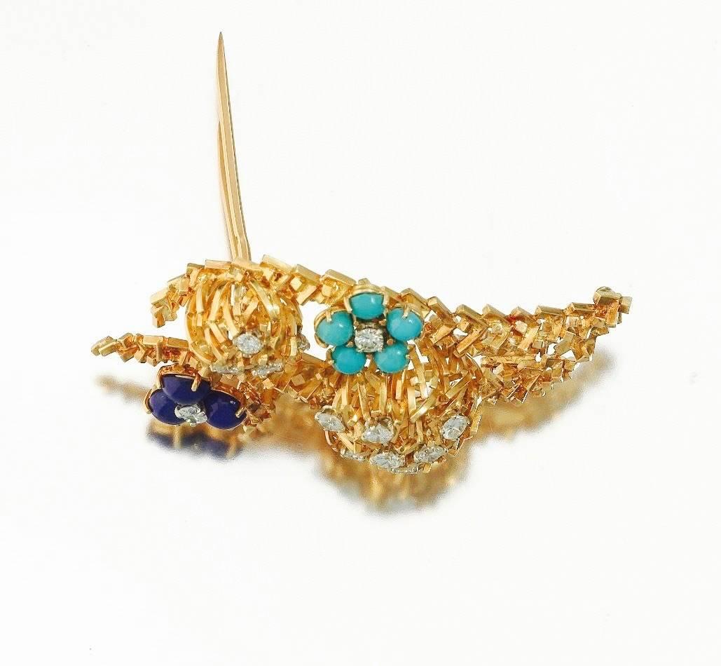 Women's French 1960s 18k Gold Lapis Turquoise Diamond Brooch Pendant for Necklace