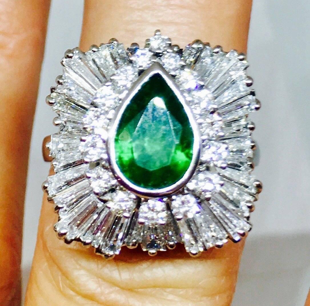 Stunning 1950s Estate 4.13 ctw Platinum Emerald Diamond Ballerina Ring Convertible Pendant for Necklace.  This gorgeous sizable cocktail ring is a 