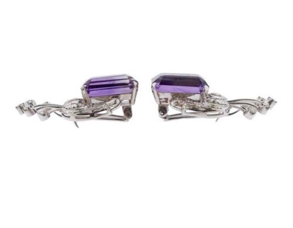 Midcentury 18 Karat Amethyst Diamond Double Clips / Brooches / Pins In Excellent Condition In Shaker Heights, OH