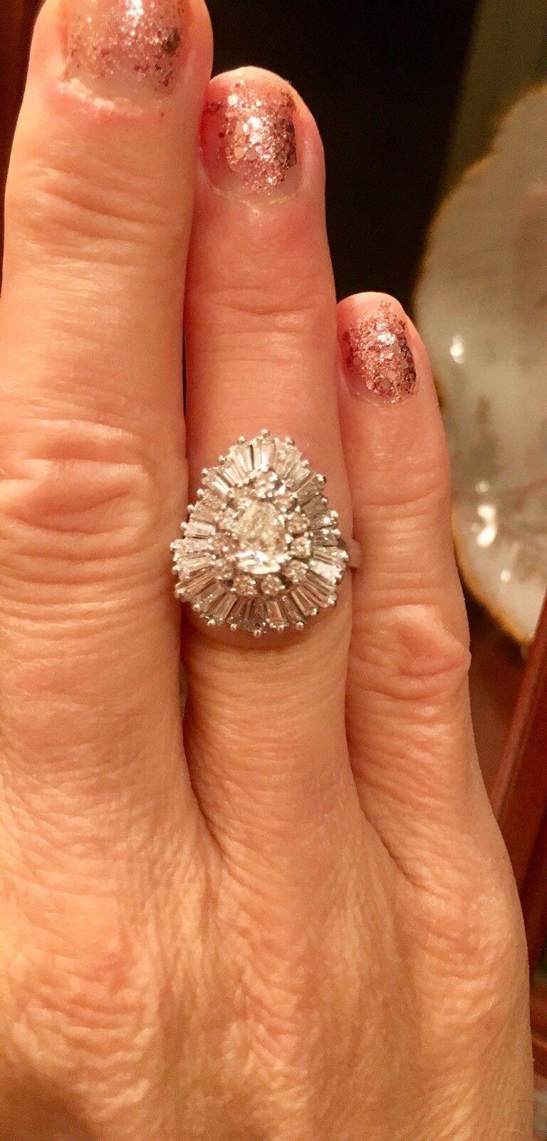 Brilliant Baguette Ballerina 3 Carat Pear G/VS Diamond Ring-Dant Engagement Ring For Sale 1