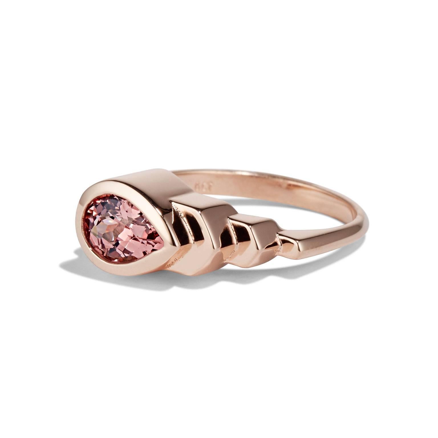 Bold and architectural in form, soft and feminine in materials, the Skyline ring from Cushla Whiting's 1920s inspired Metropolis collection, features a distinctive peach spinel.

The SKYLINE ring is made in 18 carat rose gold holding a 0.85 carat
