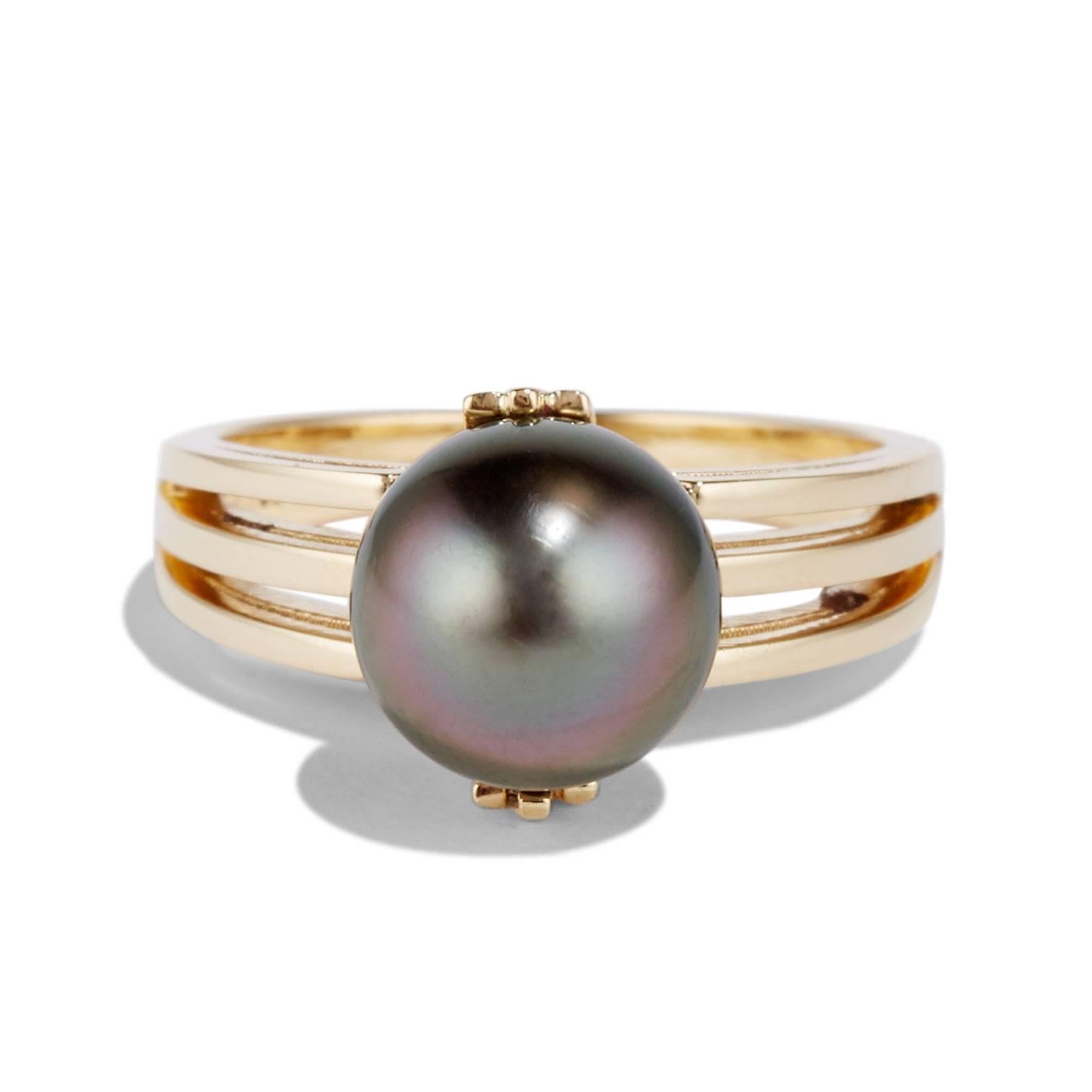 Art Deco Cushla Whiting Black Pearl and Gold Globe Ring For Sale