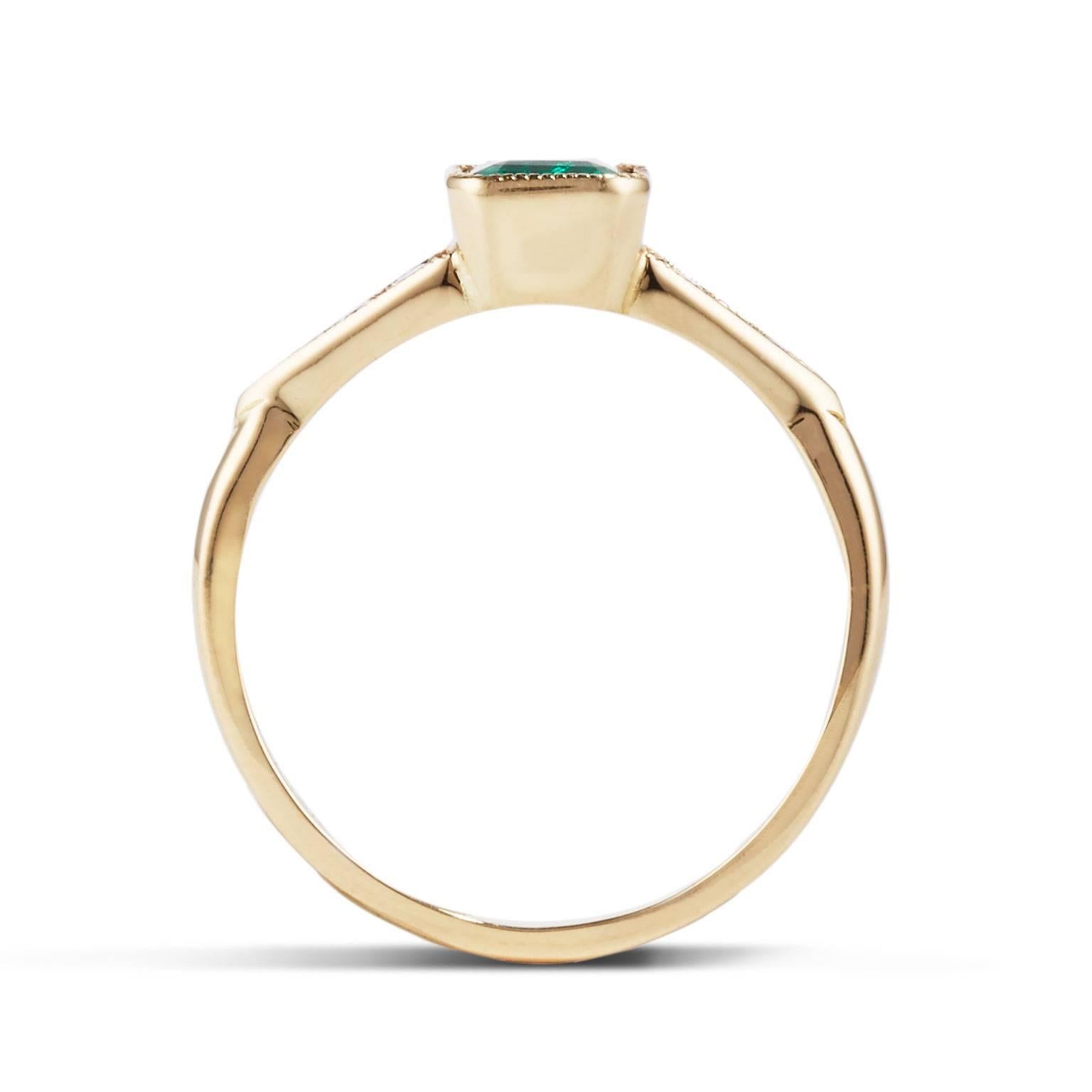 The square cut of this Muzo emerald creates a dramatic aesthetic in this stunning ring. The JARDIN ring from Cushla Whiting's Petite Colours collection is beautifully crafted in 18 carat gold holding a 0.51 carat Muzo Colombian emerald with small